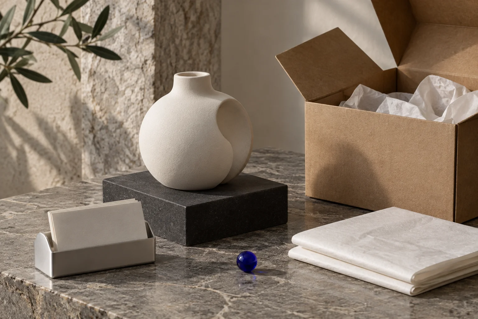 Prodotto in ceramica e confezione senza marchio preparati per una presentazione e-commerce
