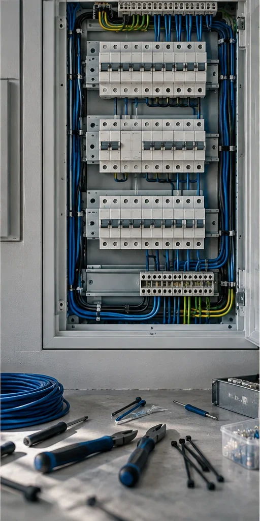 Quadro elettrico ordinato con strumenti da lavoro